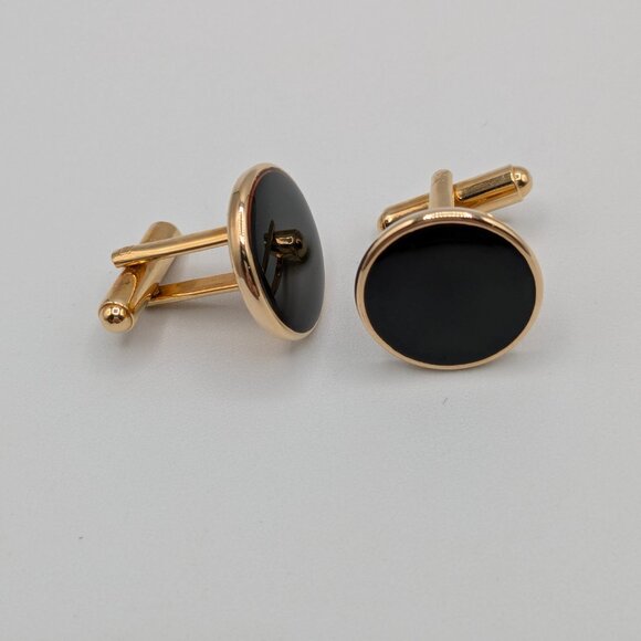 Black and Gold Tone Cufflinks 0.75" Diameter - Picture 2 of 7